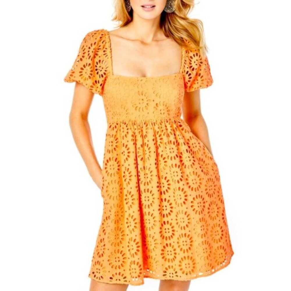 Lilly Pulitzer Orange Kay Babydoll Eyelet Mini Dress Size 6 - 36062